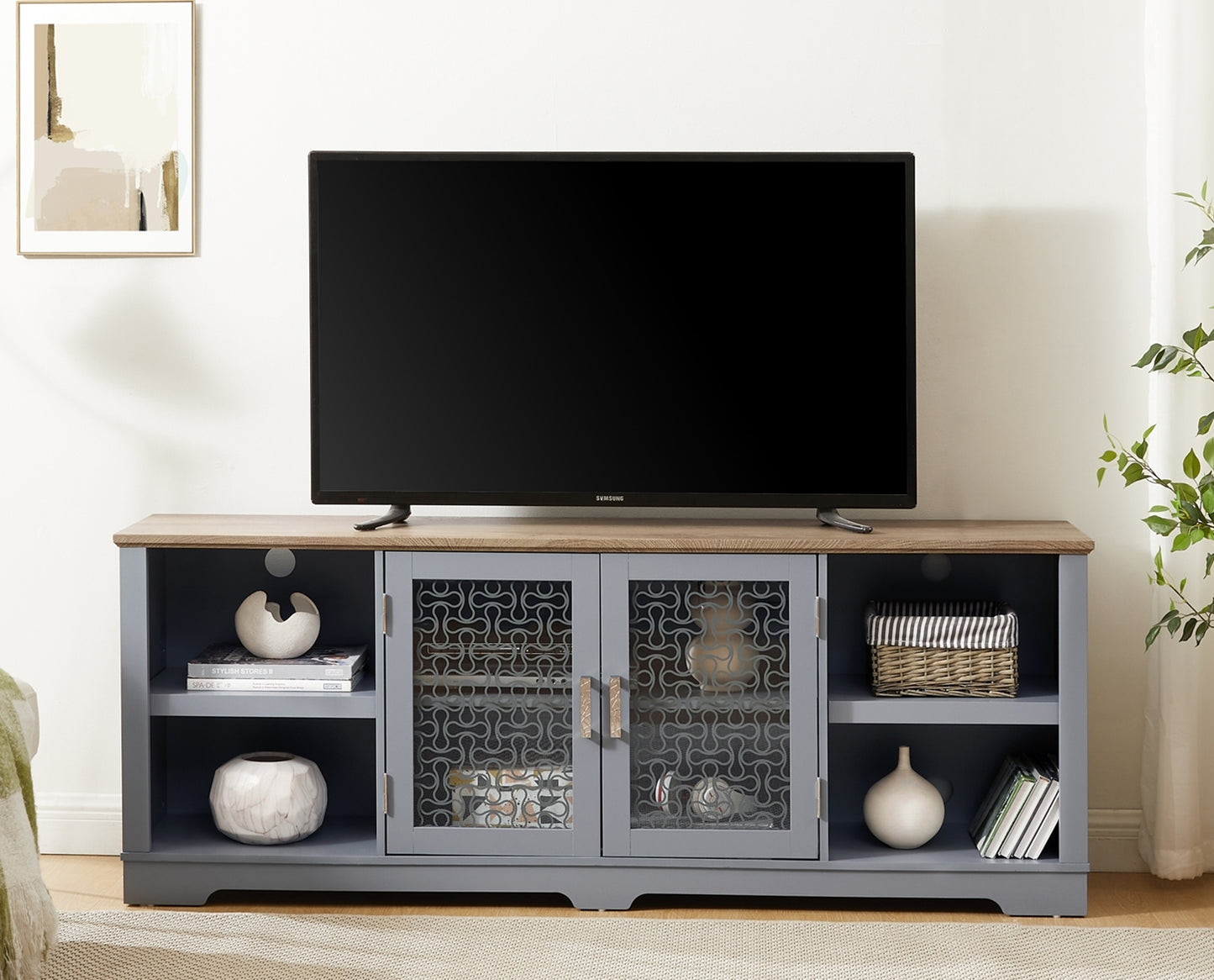 Modern Farmhouse TV Media Stand, Large Home Entertainment Console, for TV Up to 80'', with Open Shelves and Glass Door Cabinets, Light Blue and Light Oak, 70"W*15.55"D*26.85"H