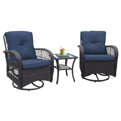 3 Pieces Conversation Set, Outdoor Wicker Rocker Swivel Patio Bistro Set, Rocking Chair with Glass Top Side Table,Navy Blue