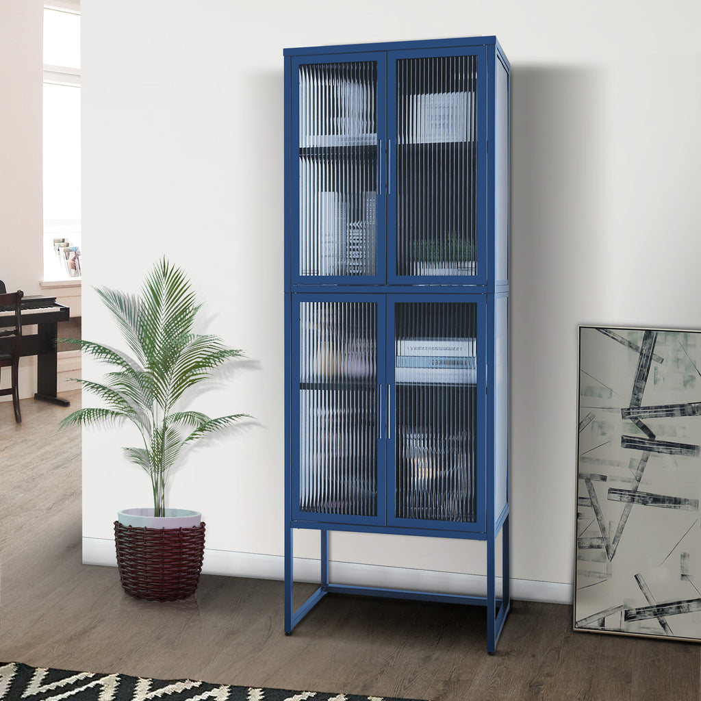 Stylish 4-Door Tempered Glass Cabinet with 4 Glass Doors Adjustable Shelves U-Shaped Leg Anti-Tip Dust-free Fluted Glass Kitchen Credenza Blue