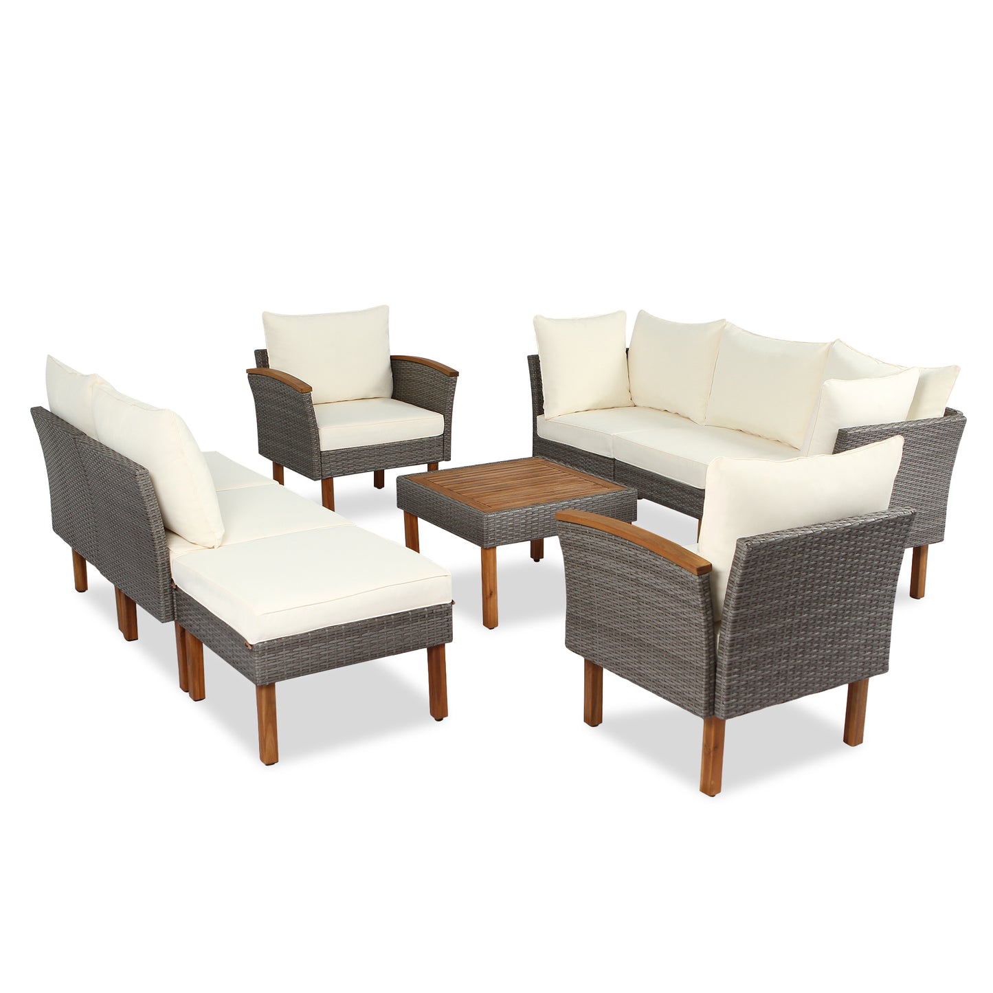 GO 9-Piece Patio Rattan Furniture Set, Outdoor Conversation Set With Acacia Wood Legs and Tabletop, PE Rattan Sectional Sofa Set with Coffee Table, Washable Cushion, Beige