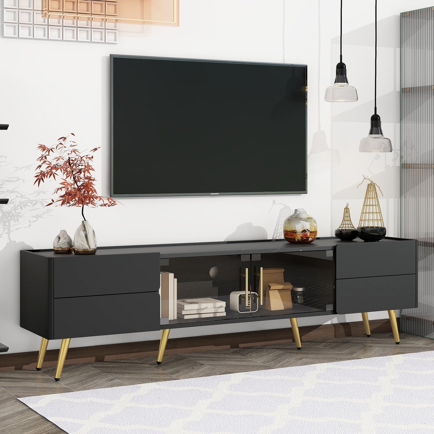 U-Can Modern TV Stand with LED lights for TVs up to 80 Inches, Entertainment Center with 4 Drawers and 1 Cabinet with Brown Glass Door, Media Console with Metal Legs and Handles for Living room