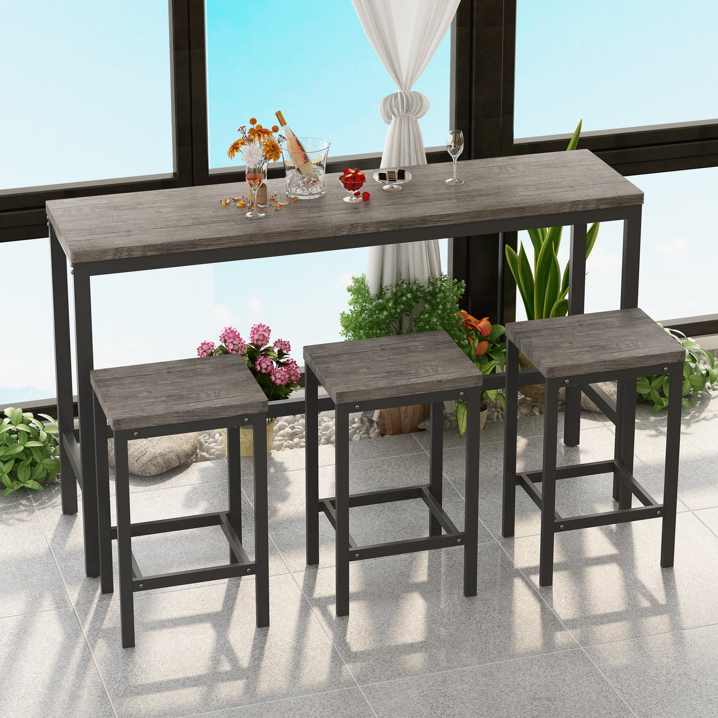 Modern Design Kitchen Dining Table, Pub Table, Long Dining Table Set with 3 Stools, Easy Assembly, Brown Gray (Same SKU:W75753849)