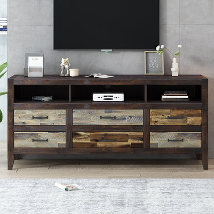 U-Can Retro Distressed Wooden TV Stand for TVs up to 65 Inches, Entertainment Center Media Console with 6 Drawers and 3 Shelves for Living room, Brown