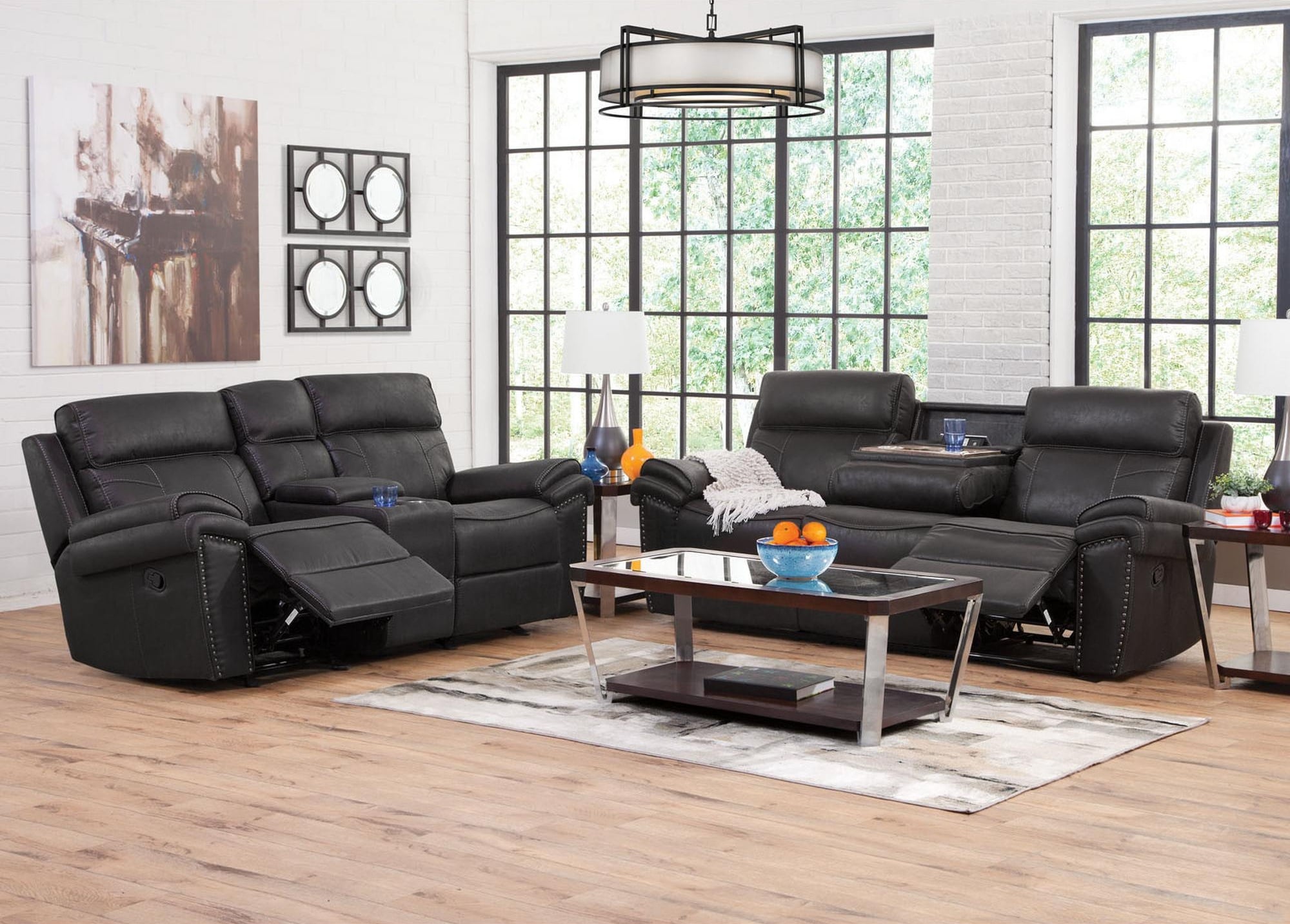Charcoal Black Reclining Sofa and Reclining Glider Loveseat