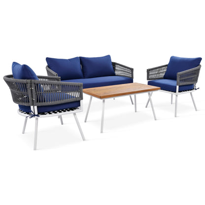 4-Piece Boho Rope Patio Furniture Set, Outdoor Furniture with Acacia Wood Table, Patio Conversation Set with Deep Seating & Thick Cushion for Backyard Porch Balcony, Navy Blue