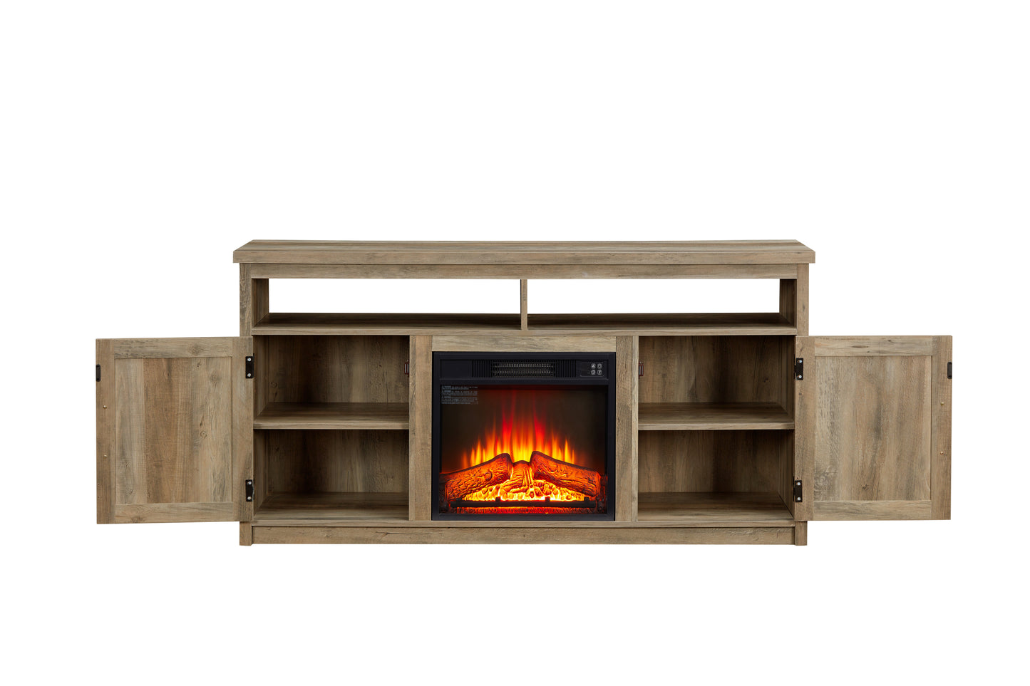 Farmhouse TV Media Stand, Large Barn Inspired Home Entertainment Console, with 18" Fireplace Insert, for TV Up to 65'', with Open Shelves and Closed Cabinets, Gray Wash 57.87*15.75*30.31