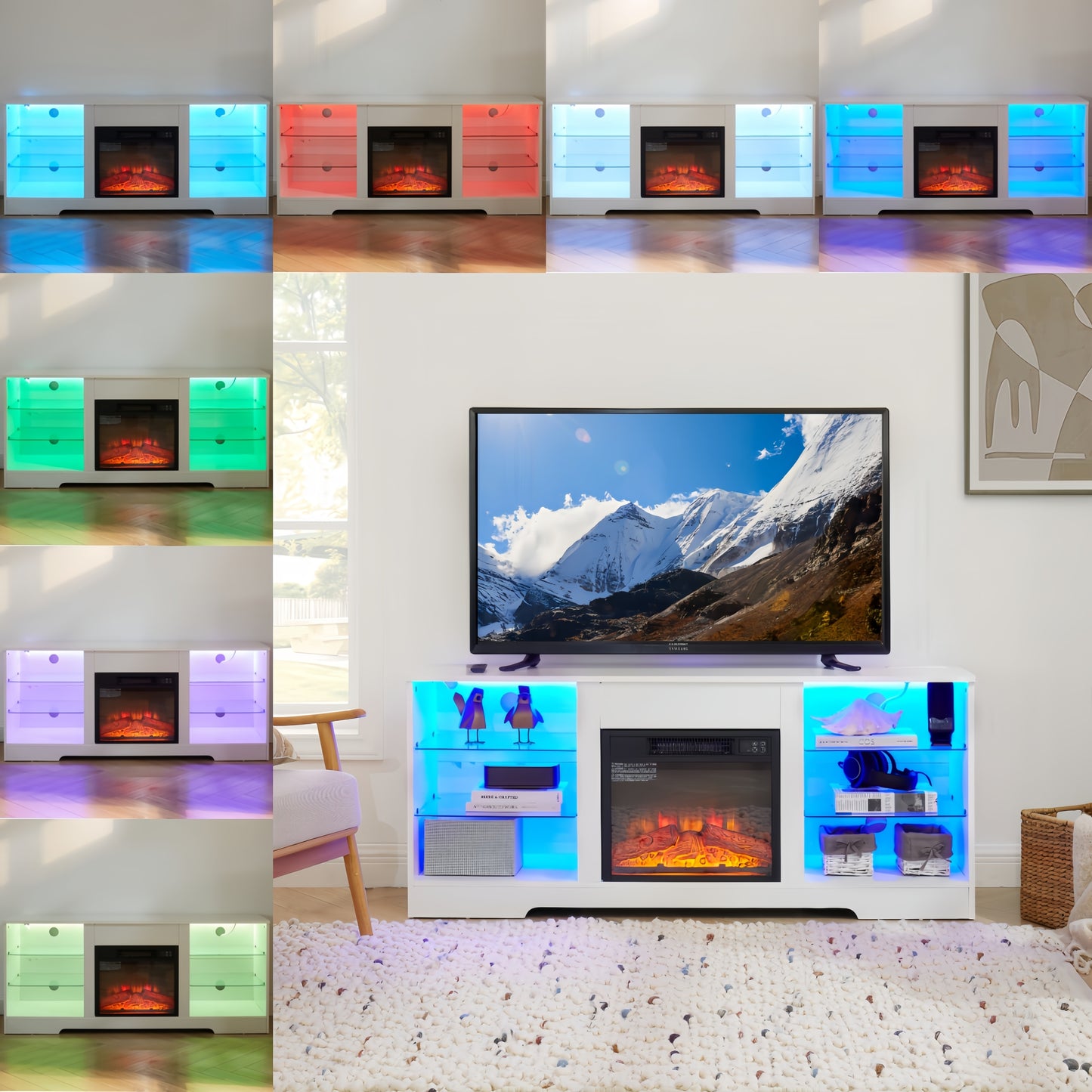 TV Stand Electric Fireplace TV Stand with Glass Shelves, 3D Fireplace TV Stand with LED Lights Wood with USB Charging Outlet Modern Television Table Center for TV up to 32-62" White 58''W*15.5''D*24.4