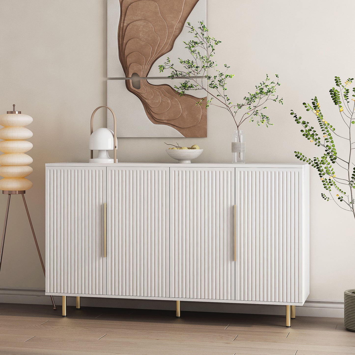 White Modern Buffet Cabinet with Storage, Fluted Sideboard Large Buffet with Adjustable Shelves, Credenza, Accent Cabinet Console Table