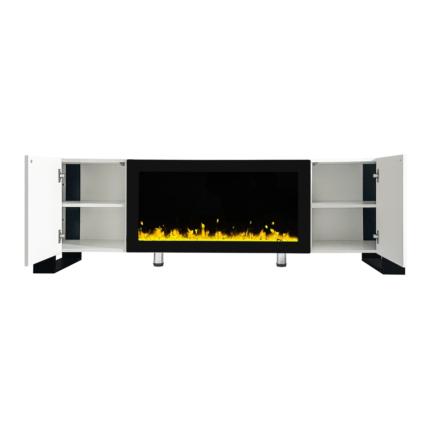 ON-TREND Modern TV Stand with 34.2" Non-heating Electric Fireplace, High Gloss Entertainment Center with 2 Cabinets, Media Console for TVs up to 78", White