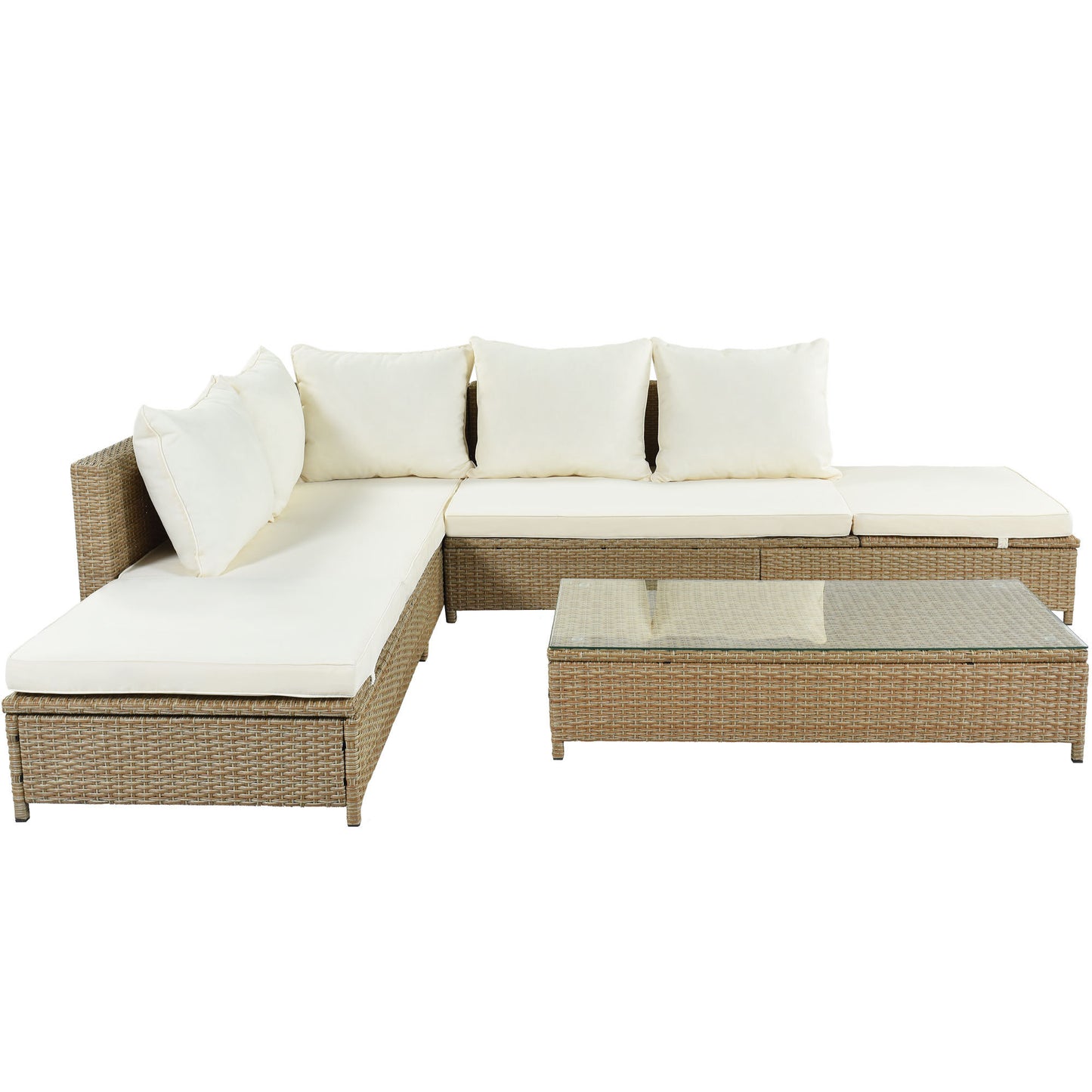 Patio 3-Piece Rattan Sofa Set All Weather PE Wicker Sectional Set with Adjustable Chaise Lounge Frame and Tempered Glass Table, Natural Brown