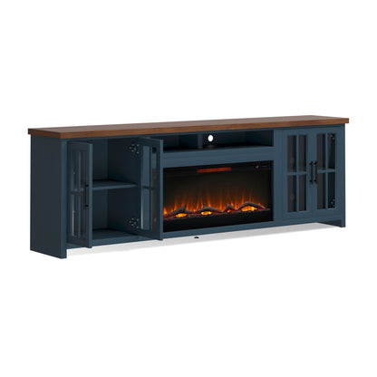 Bridgevine Home Nantucket 97 inch Fireplace TV Stand Console for TVs up to 100 inches, Minimal Assembly, Blue Denim and Whiskey Finish