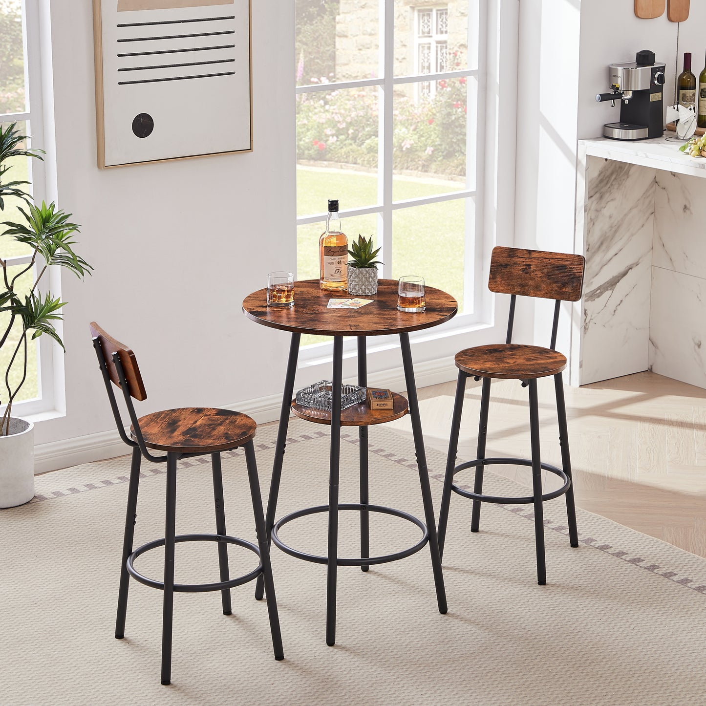 Round bar stool set with shelves, stool with backrest Rustic Brown, 23.6'' Dia x 35.4'' H