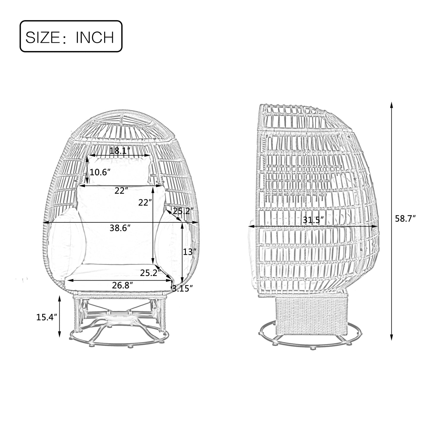 TREXM Outdoor Swivel Chair with Cushions, Rattan Egg Patio Chair with Rocking Function for Balcony, Poolside and Garden (Natural Wicker + Grey Cushion)