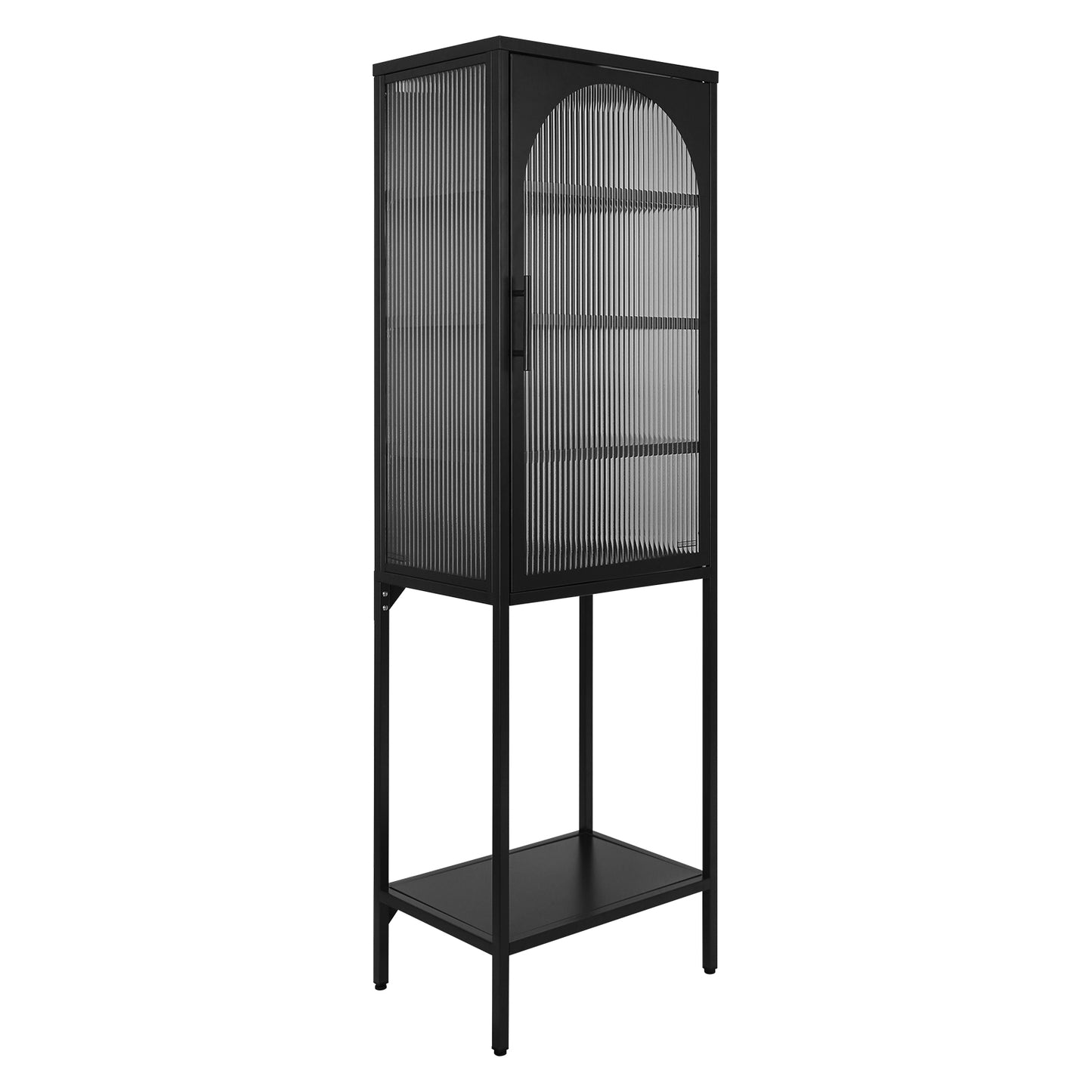 Stylish Tempered Glass High Cabinet with Arched Door Adjustable Shelves and Feet Anti-Tip Dust-free Fluted Glass Kitchen Credenza Black