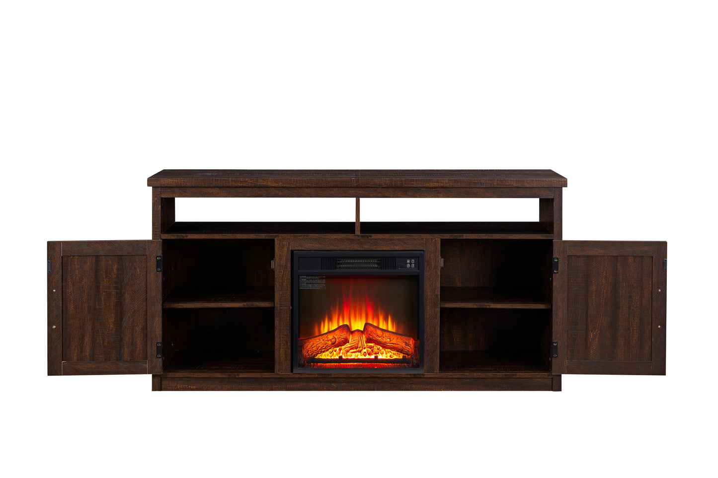 Farmhouse TV Media Stand, Large Barn Inspired Home Entertainment Console, with 18" Fireplace Insert, for TV Up to 65'', with Open Shelves and Closed Cabinets, Espresso 57.87*15.75*30.31