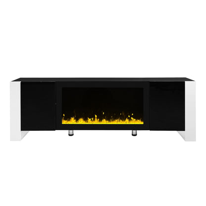 ON-TREND Modern TV Stand with 34.2" Non-heating Electric Fireplace, High Gloss Entertainment Center with 2 Cabinets, Media Console for TVs up to 78", Black