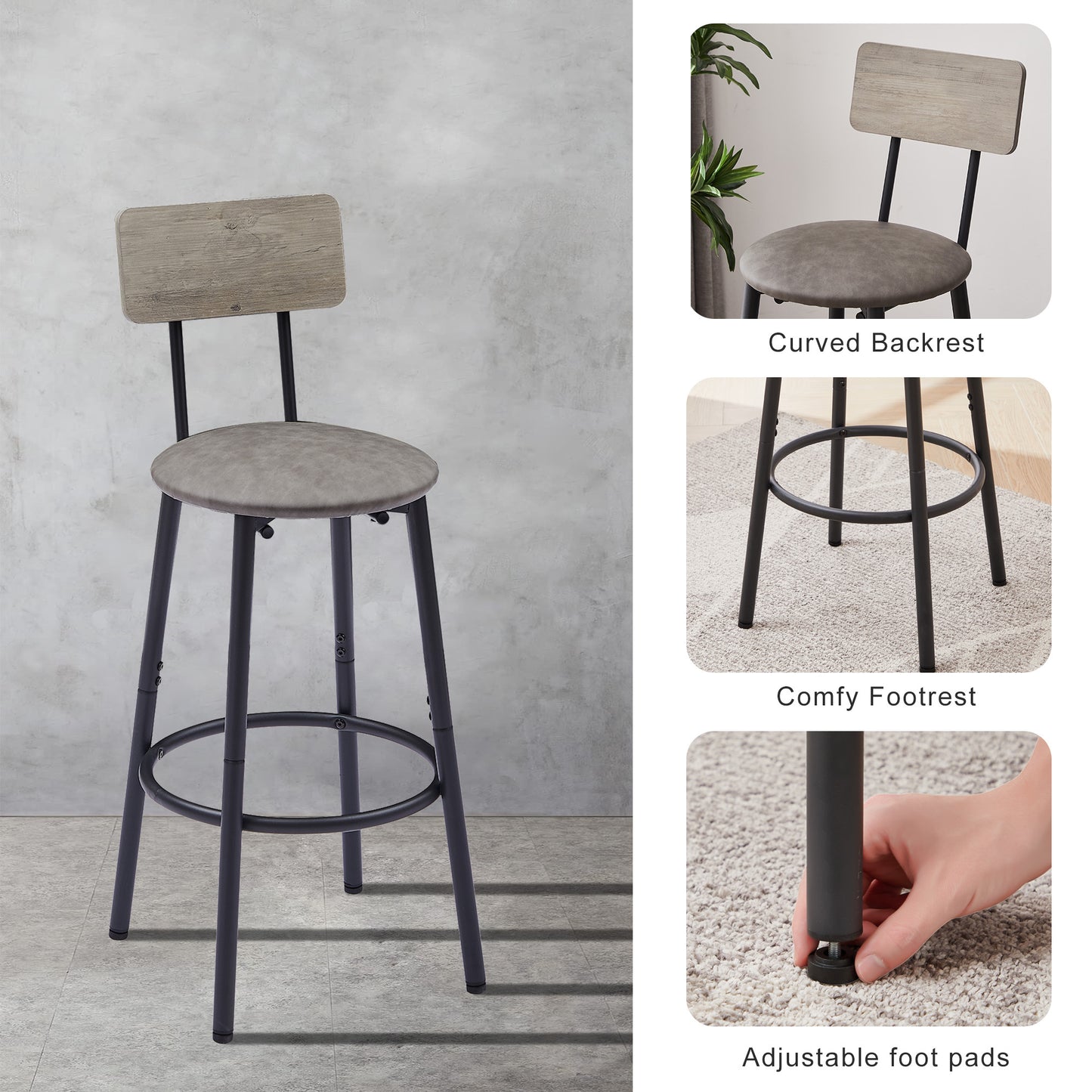 Bar Table Set with 2 Bar stools PU Soft seat with backrest, Grey, 43.31'' L x 15.75'' W x 35.43'' H.