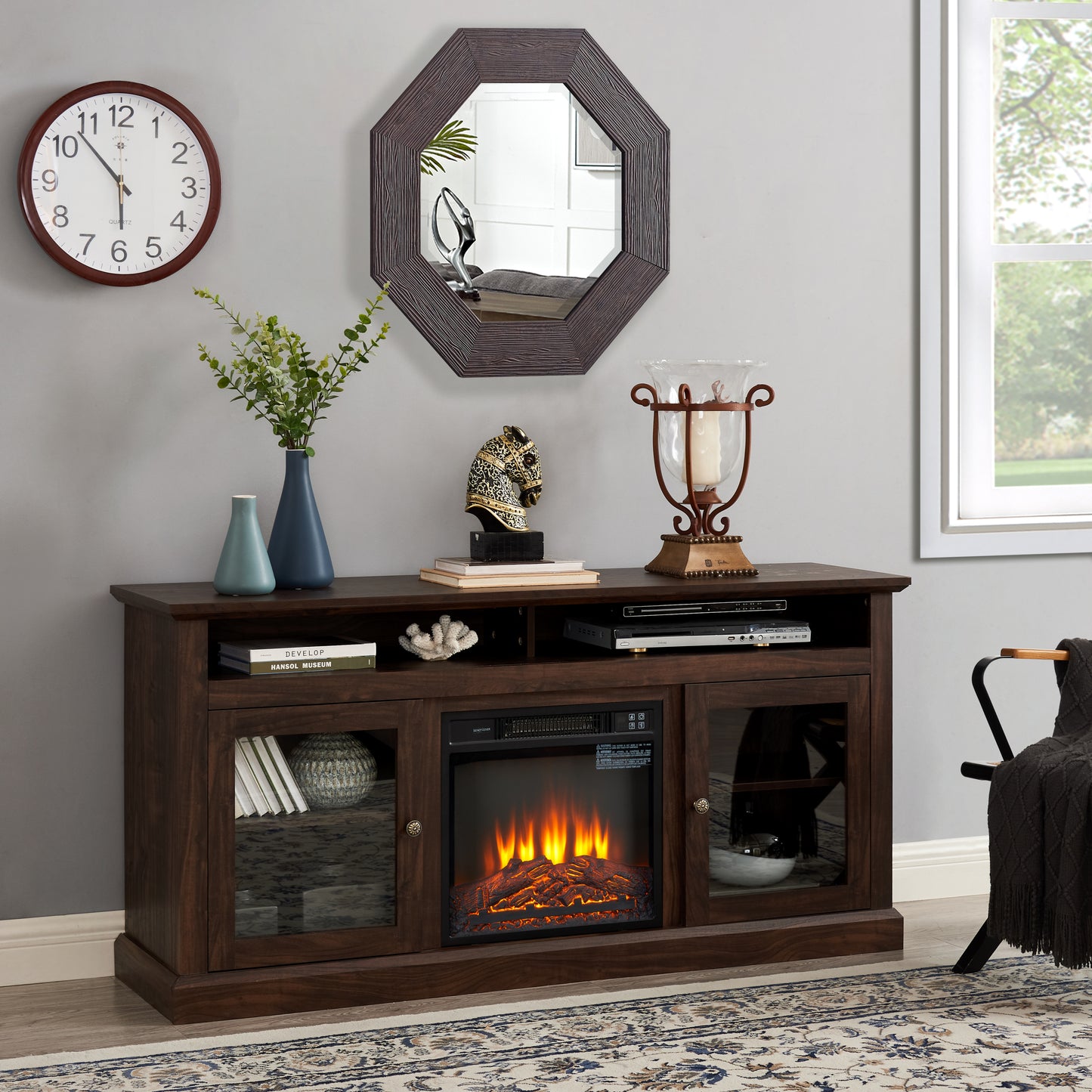 Contemporary TV Media Stand Modern Entertainment Console with 18" Fireplace Insert for TV Up to 65" with Open and Closed Storage Space, Brown, 60"W*15.75"D*29"H