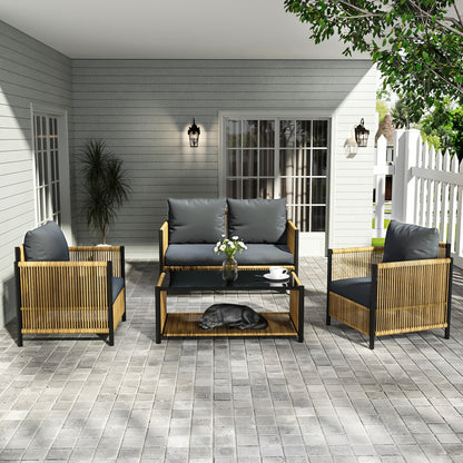 Patio 4 Pieces Brown PE Wicker Sofa Set with Grey Cushion