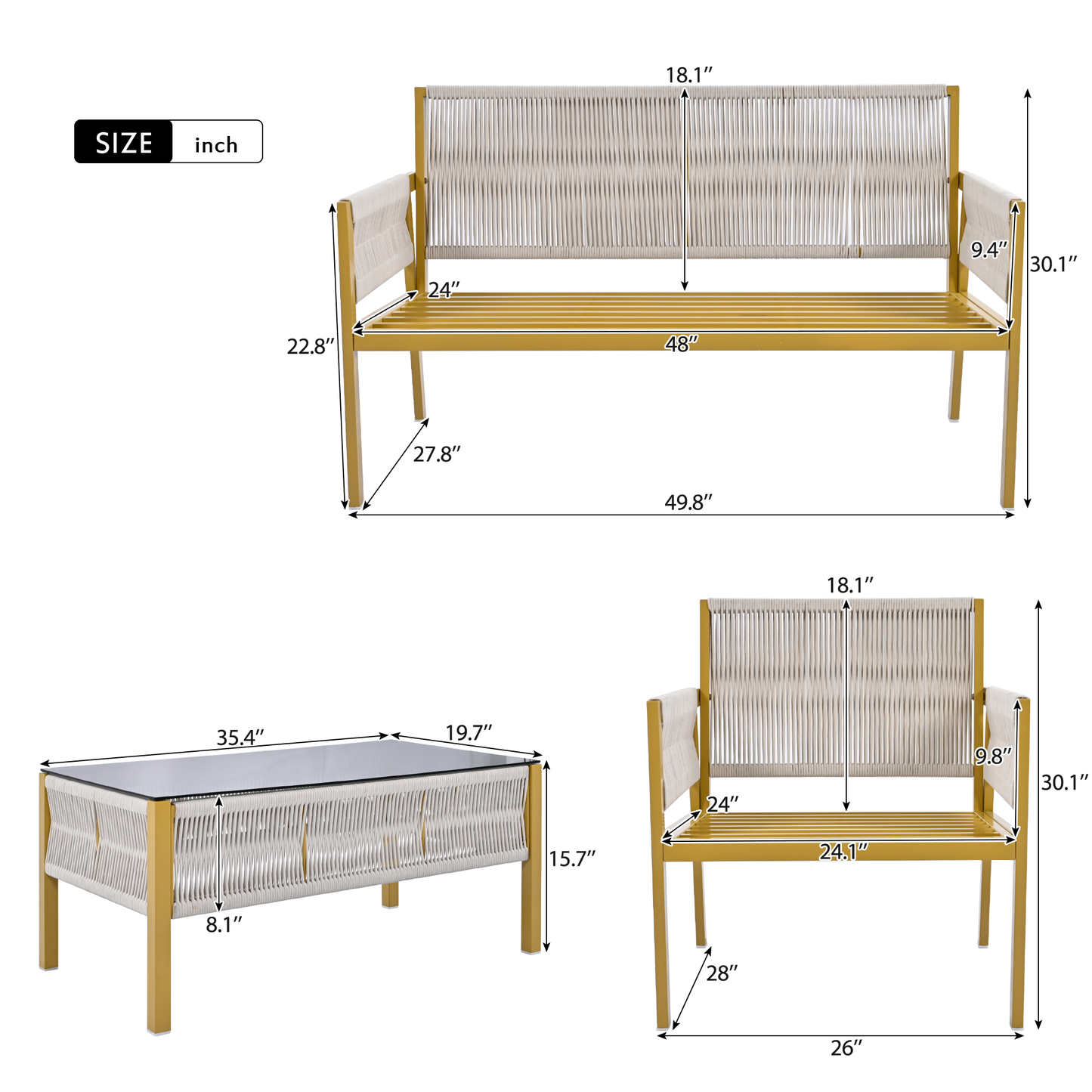 4-Piece Rope Patio Furniture Set, Outdoor Furniture with Tempered Glass Table, Patio Conversation Set Deep Seating with Thick Cushion for Backyard Porch Balcony (Beige&Mustard Yellow)