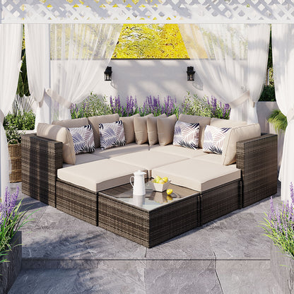 8-piece Outdoor Wicker Sofa Set, Rattan Sofa Lounger, With Colorful Pillows, Conversation Sofa, For Patio, Garden, Deck, Brown Wicker, Beige Cushion