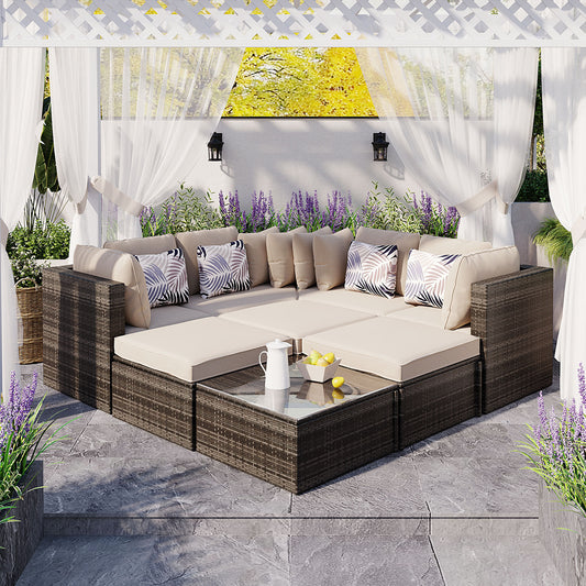 8-piece Outdoor Wicker Sofa Set, Rattan Sofa Lounger, With Colorful Pillows, Conversation Sofa, For Patio, Garden, Deck, Brown Wicker, Beige Cushion