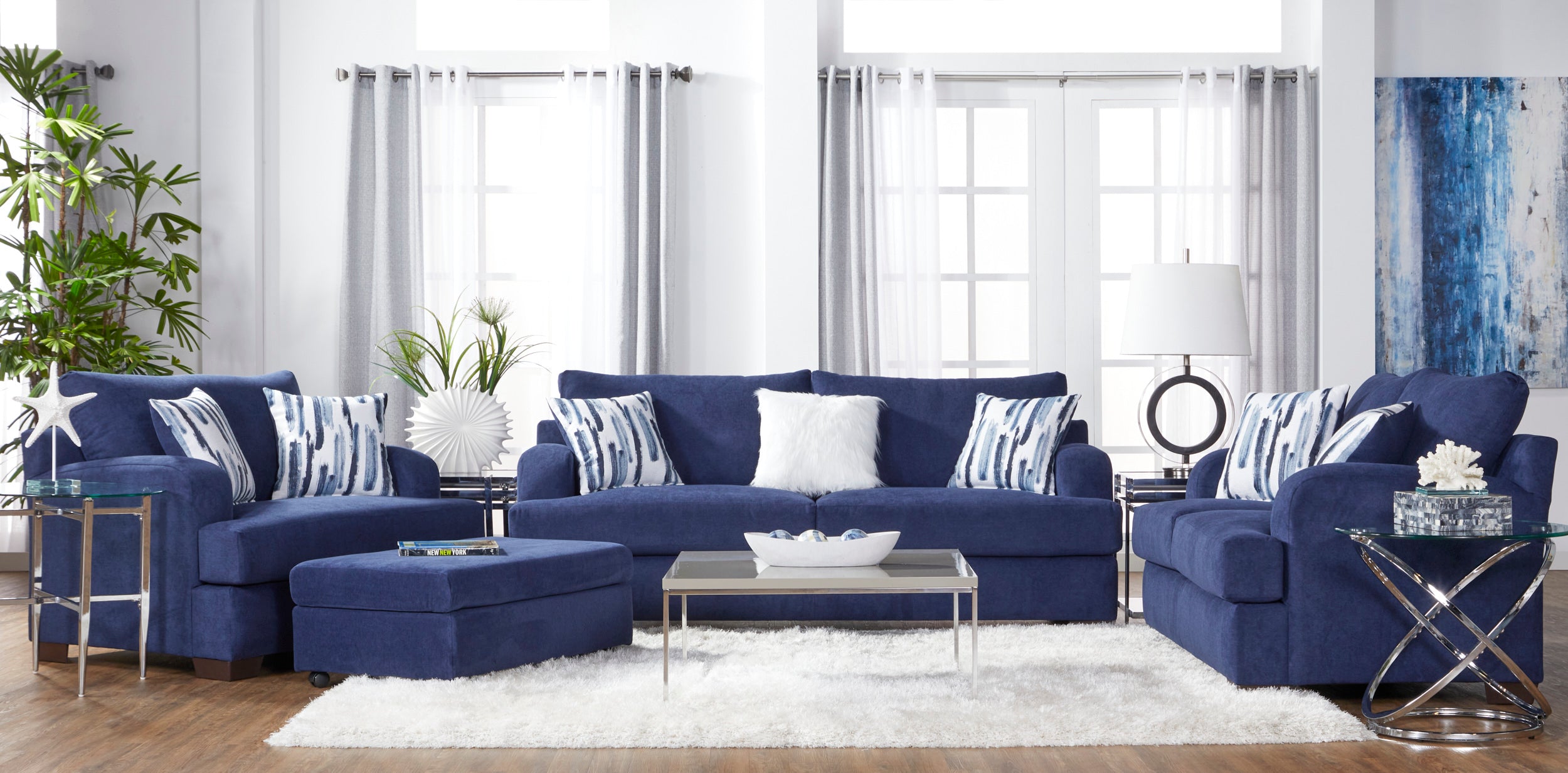 Contemporary Cameo Navy Blue Sofa and Loveseat