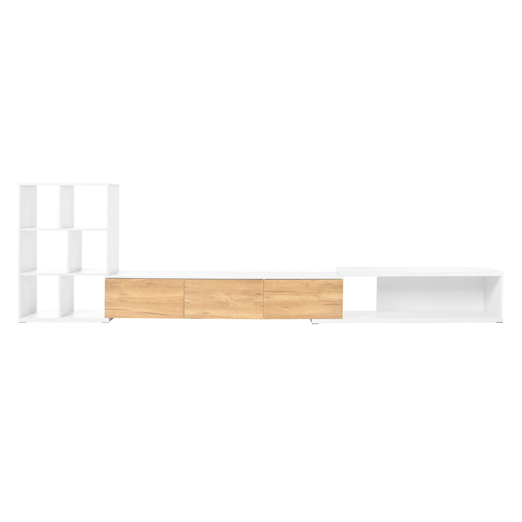 ON-TREND 74.8''-126'' Extendable TV Stand with 3 Tier Bookshelves for TVs up to 110'', Adjustable Entertainment Center with Storage Cabinets, Sliding Tabletop Media Console for Living Room, White