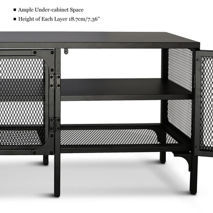 Metal TV Stand Entertainment Center Cabinet TV Console Table with 3 Metal Mesh Doors 2-Tier Storage Shelves for Living Room Frosted Black