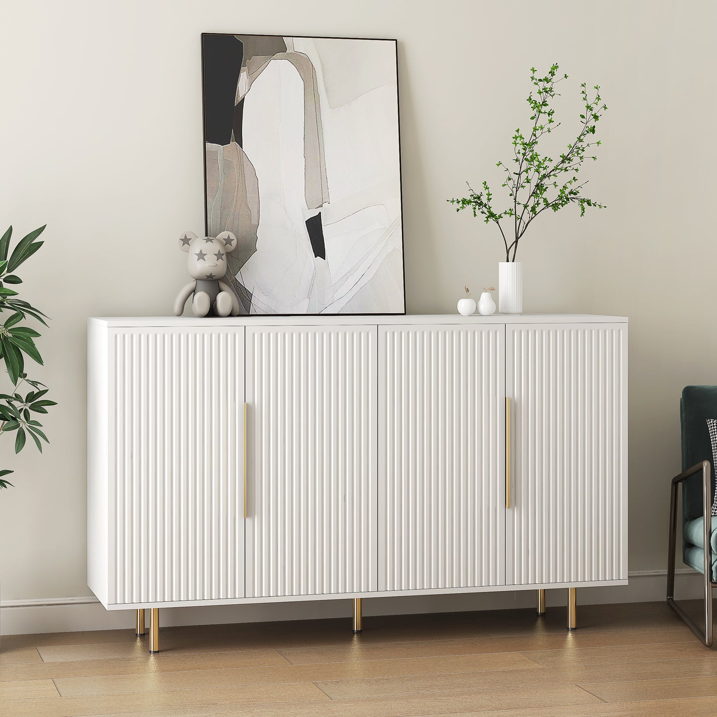 White Modern Buffet Cabinet with Storage, Fluted Sideboard Large Buffet with Adjustable Shelves, Credenza, Accent Cabinet Console Table