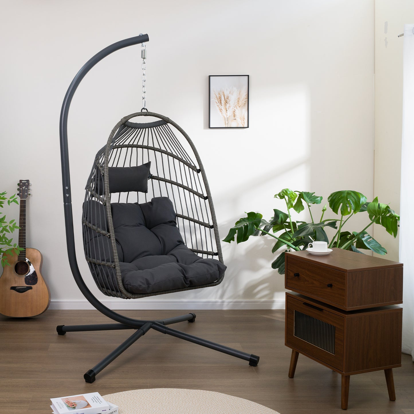 Outdoor Egg Hanging Chair with Stand, Patio Wicker Swing Egg Chair Indoor Swinging Chair Outdoor Hammock Egg Chair