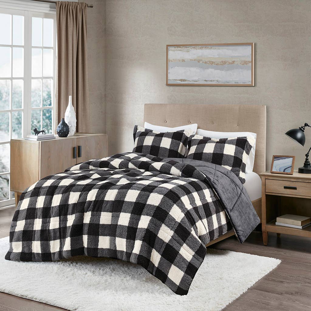 Sherpa Black & White Buffalo Check 3-Piece Queen Size Comforter Set