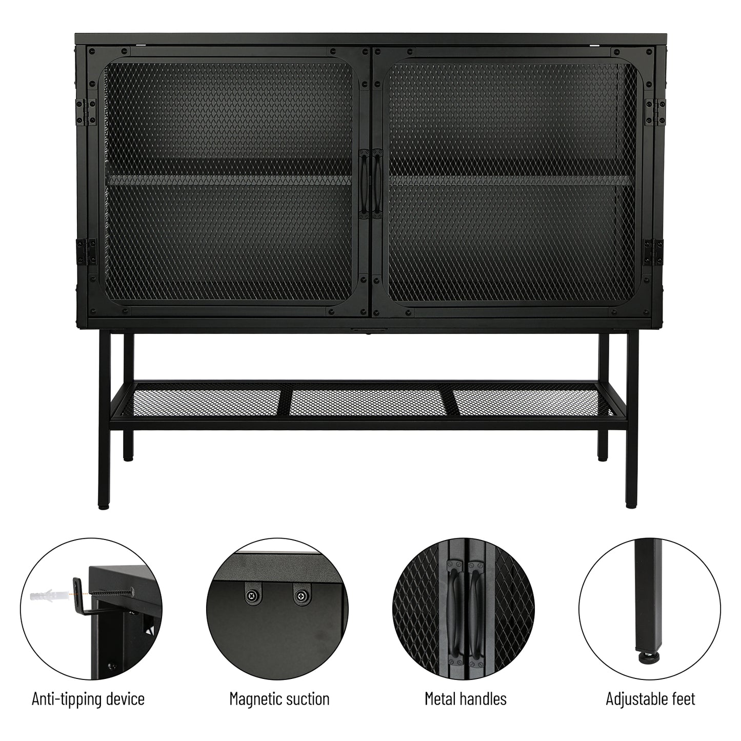 Industrial Double Door Cabinet Console Table with 2 Mesh Doors Adjustable Shelf and Feet Bottom Shelf Anti-Tip Dust-free Kitchen Credenza Sideboard Frosted Black