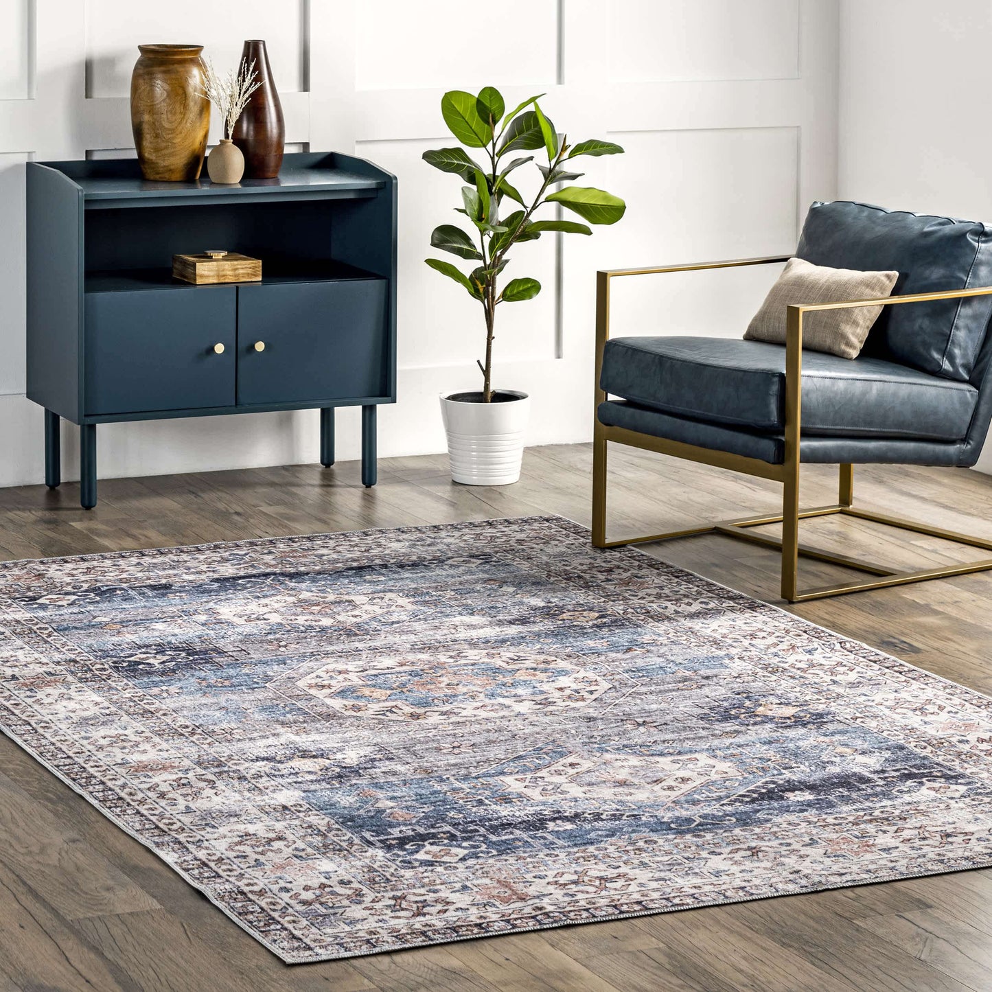 Drina Machine Washable Distressed Area Rug: Blue / Rectangle / 5' x 8'