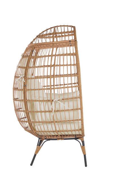 Wicker Egg Chair, Oversized Indoor Outdoor Lounger for Patio, Backyard, Living Room w/ 5 Cushions, Steel Frame, - Beige