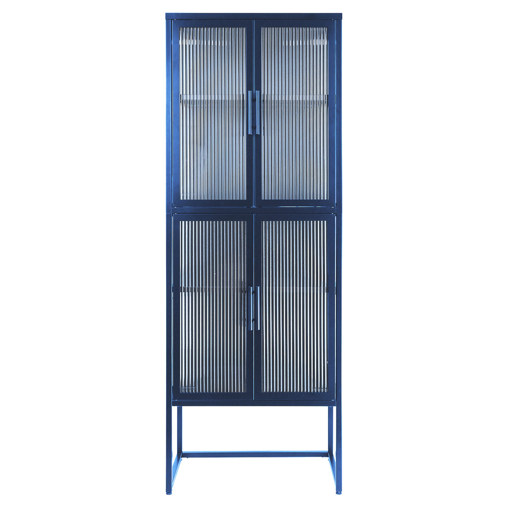 Stylish 4-Door Tempered Glass Cabinet with 4 Glass Doors Adjustable Shelves U-Shaped Leg Anti-Tip Dust-free Fluted Glass Kitchen Credenza Blue