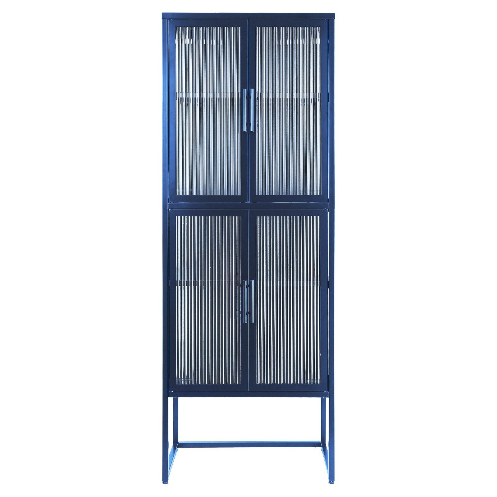 Stylish 4-Door Tempered Glass Cabinet with 4 Glass Doors Adjustable Shelves U-Shaped Leg Anti-Tip Dust-free Fluted Glass Kitchen Credenza Blue