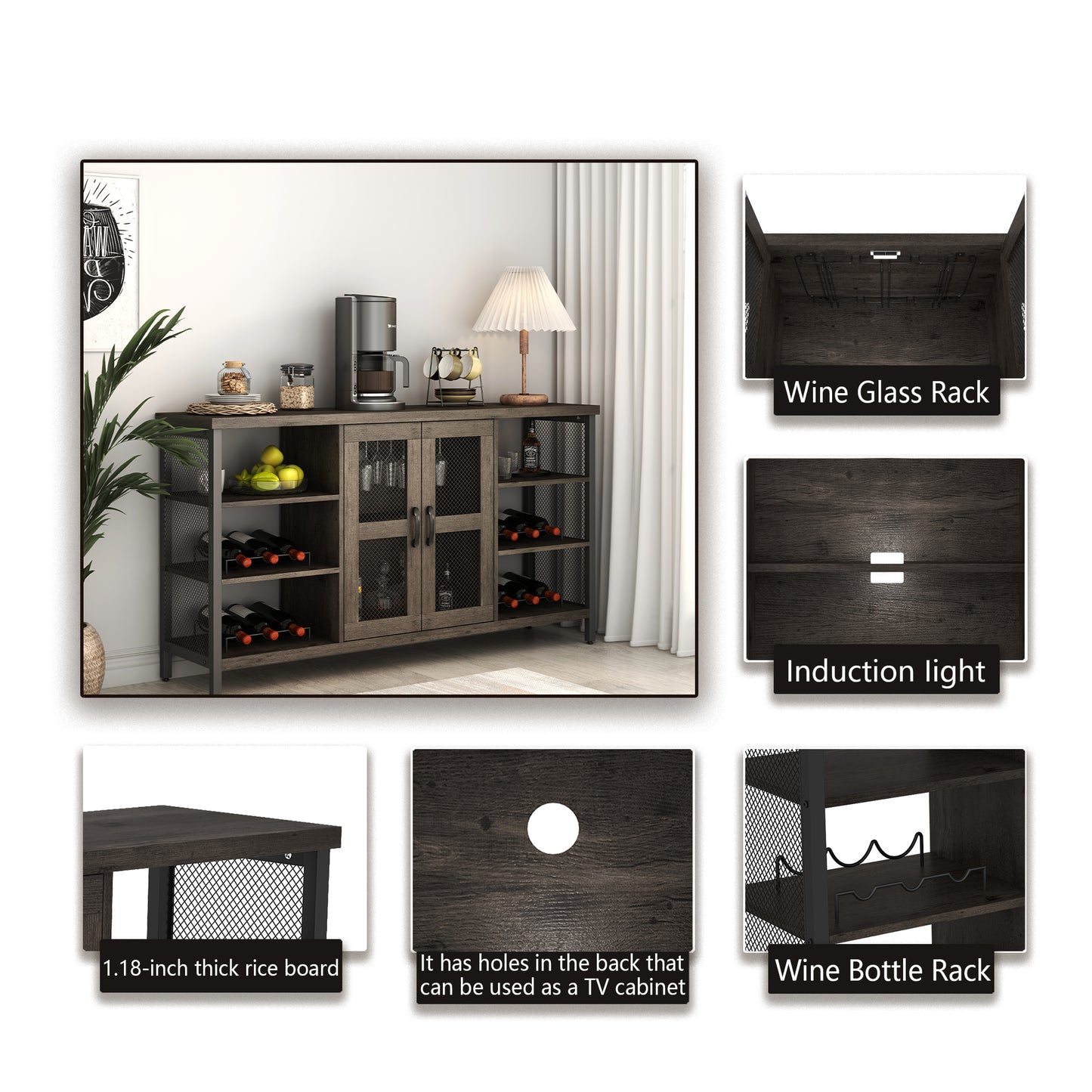 Industrial Wine Bar Cabinet, Liquor Storage Credenza, Sideboard with Wine Racks & Stemware Holder (Dark Grey, 55.12''w x 13.78''d x 30.31' ' h)