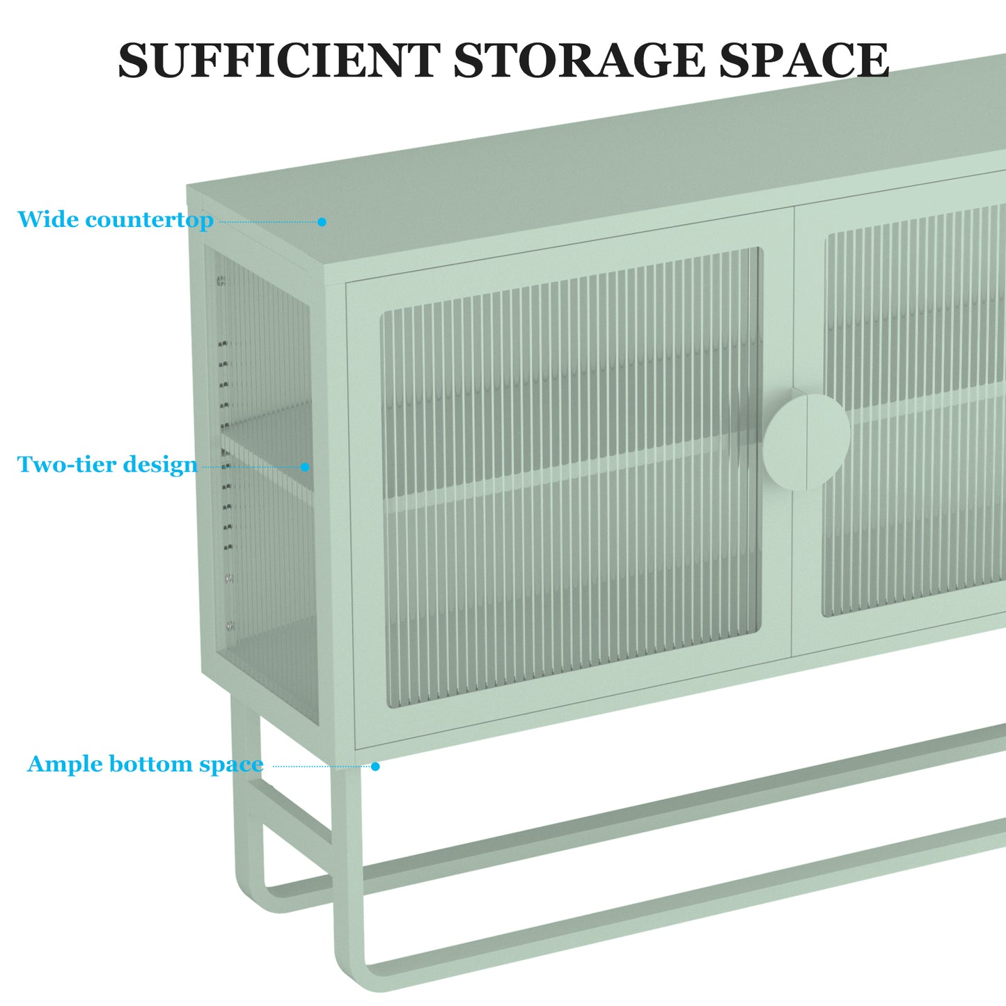 Stylish Tempered Glass Cabinet Credenza with 2 Fluted Glass Doors Adjustable Shelf U-shaped Leg Anti-Tip Dust-free Enclosed Cupboard for Kitchen Living Room Light Green