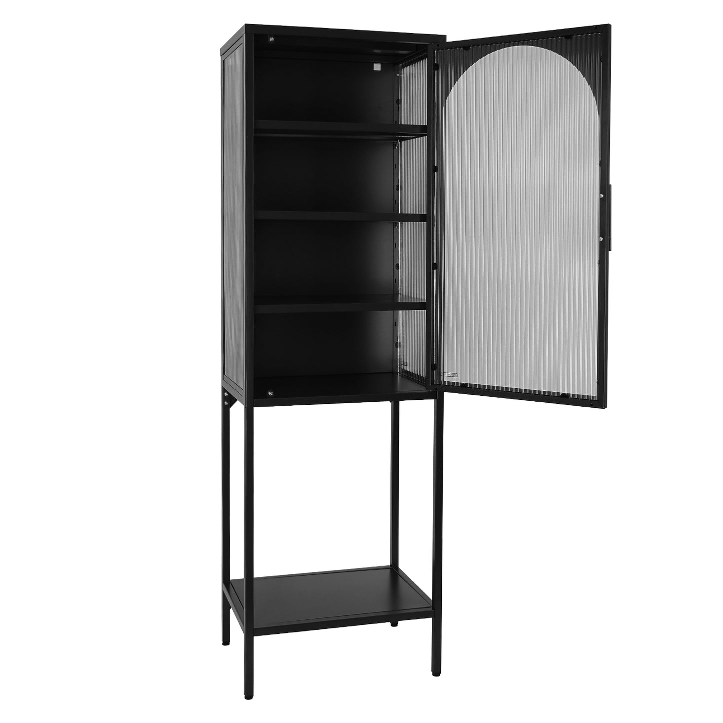 Stylish Tempered Glass High Cabinet with Arched Door Adjustable Shelves and Feet Anti-Tip Dust-free Fluted Glass Kitchen Credenza Black