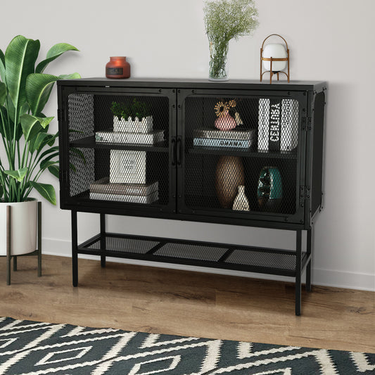 Industrial Double Door Cabinet Console Table with 2 Mesh Doors Adjustable Shelf and Feet Bottom Shelf Anti-Tip Dust-free Kitchen Credenza Sideboard Frosted Black