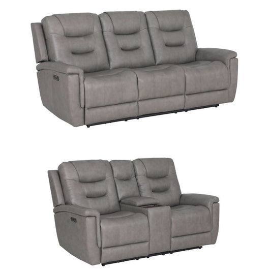 Cement Gray Leather Manual Reclining Sofa and Console USB Loveseat