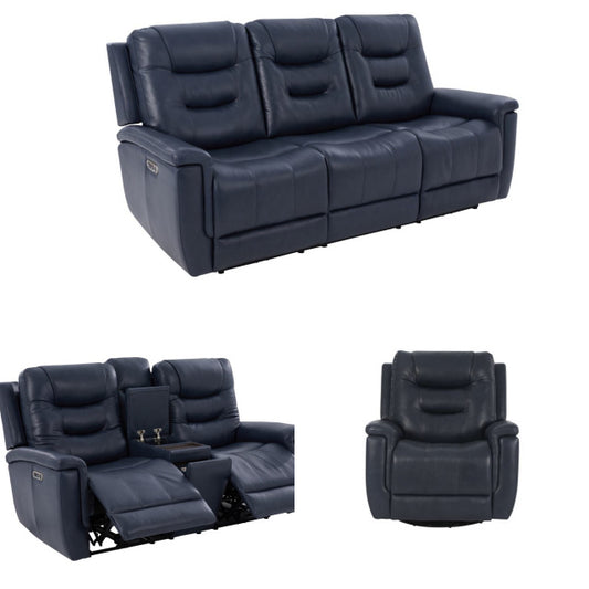 Navy Blue Leather Manual Reclining Sofa and Console USB Loveseat