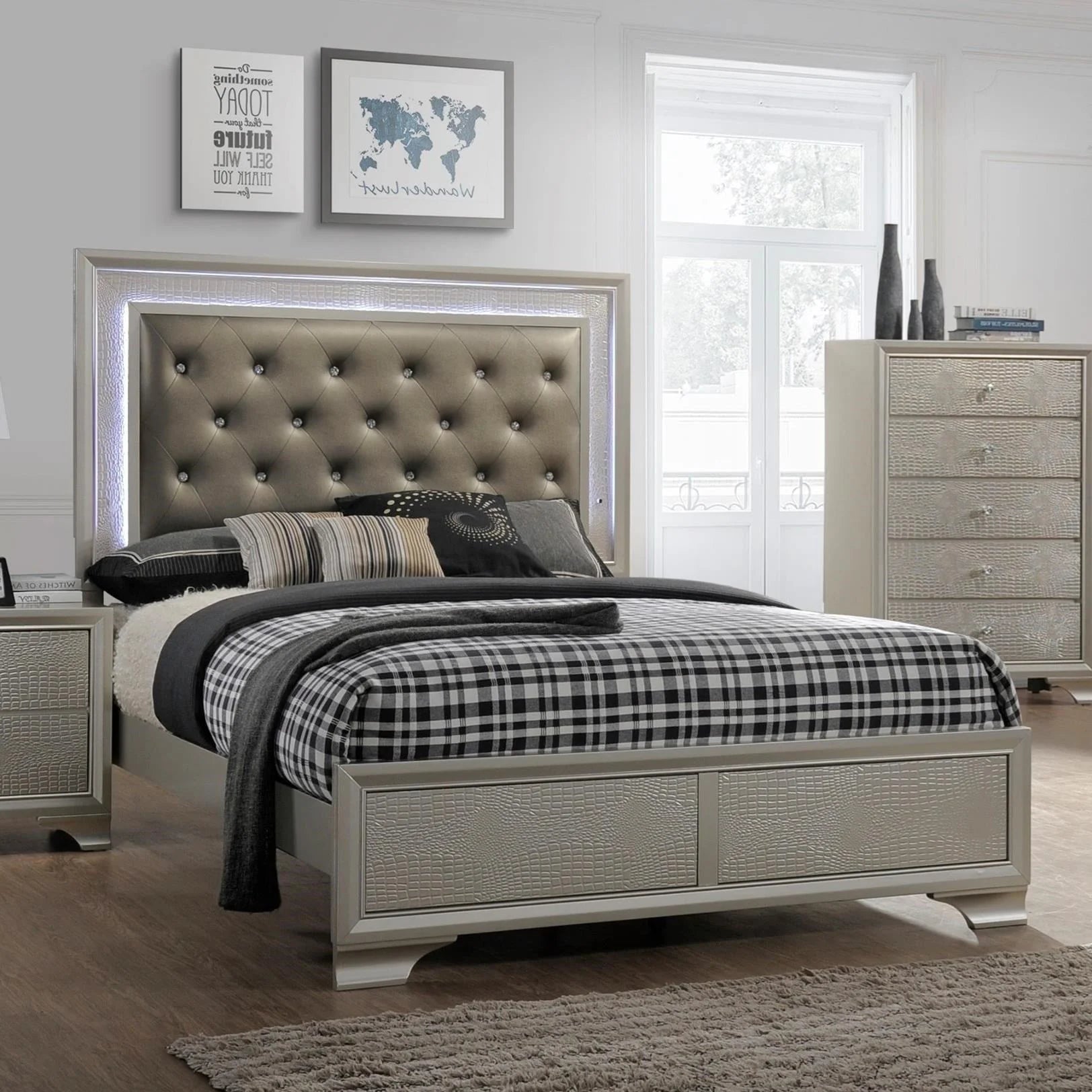 Backlit LED Champagne Queen Size Bedroom Set