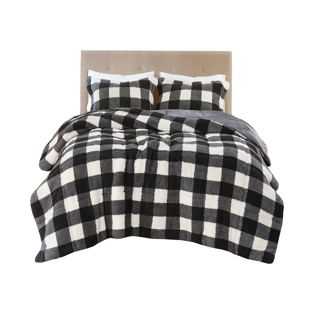 Sherpa Black & White Buffalo Check 3-Piece Queen Size Comforter Set