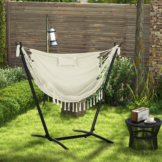 Outsunny Patio Hammock Chair with Stand, Outdoor Hammock Swing Hanging Lounge Chair with Side Pocket and Headrest, Cream White