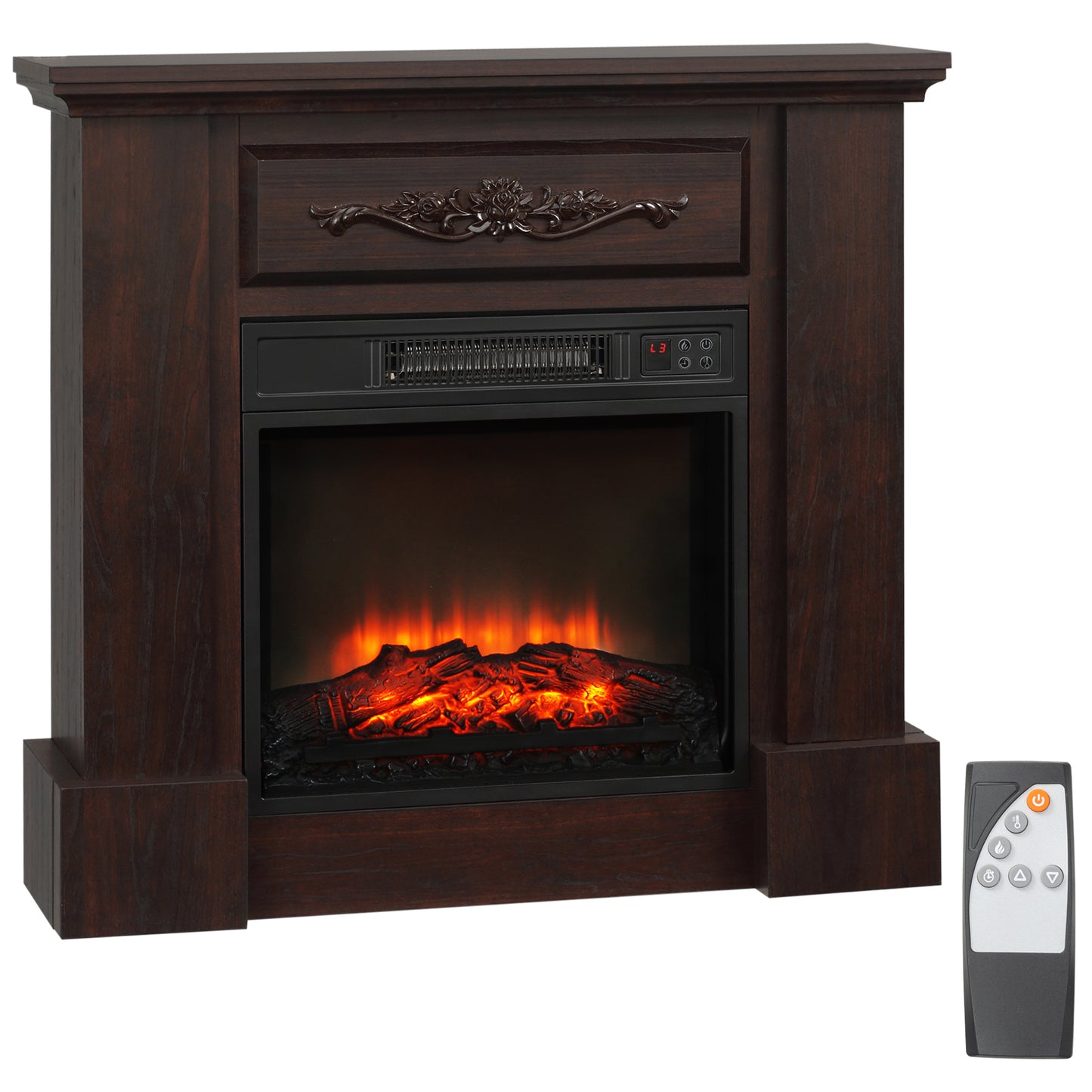 HOMCOM 32" Electric Fireplace with Mantel, Freestanding Heater with LED Log Flame, Overheat Protection and Remote Control, 1400W, White