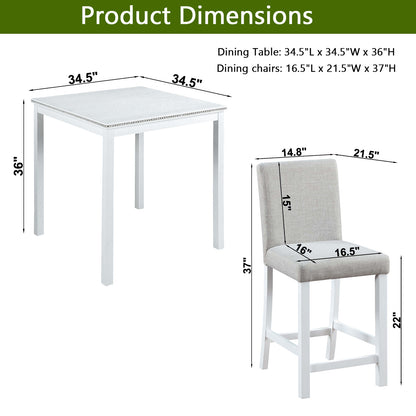 5 Piece Counter Height Table Set, Wooden Kitchen Table Set with Square Table and 4 Upholstered Chairs, Counter Height Dining Table with Crystal Decoration and Chair Set for Kitchen, Dining Room,White