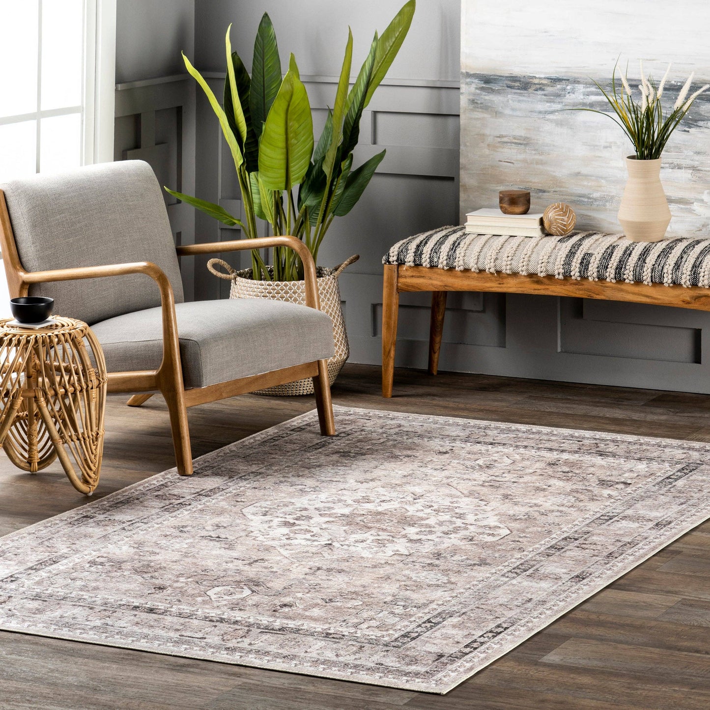 Davi Faded Stain-Resistant Machine Washable Area Rug: Taupe / Rectangle / 5' x 8'