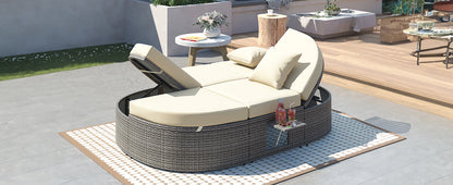 Outdoor Sun Bed Patio 2-Person Daybed with Cushions and Pillows, Rattan Garden Reclining Chaise Lounge with Adjustable Backrests and Foldable Cup Trays for Lawn, Poolside, Beige